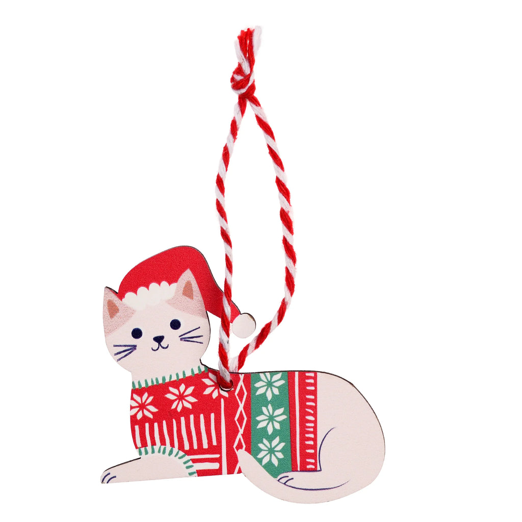 White Cat Hanging Wooden Christmas Decoration from Rex London for sale at Mostyn