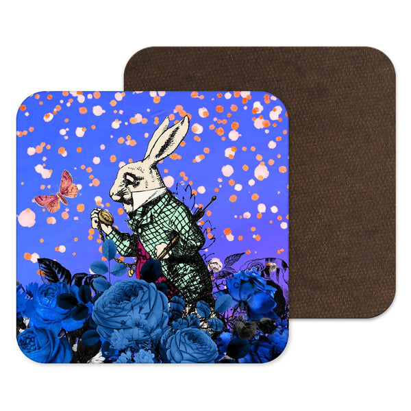 White Rabbit and Blue Flowers Alice in Wonderland Coaster from Kitsch Republic for sale at Mostyn