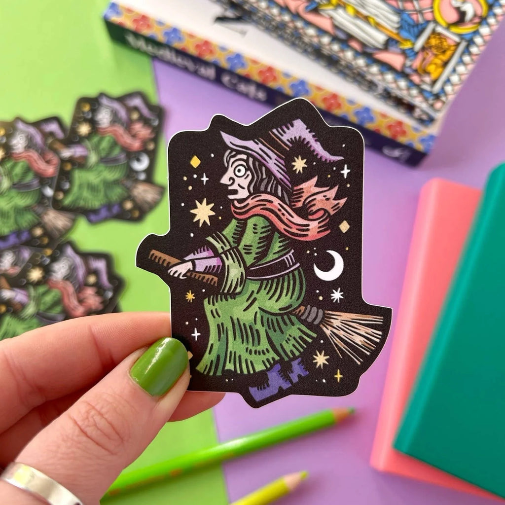  A Witch on a Broomstick Vinyl Sticker by Stacey McEvoy Caunt for sale at Mostyn