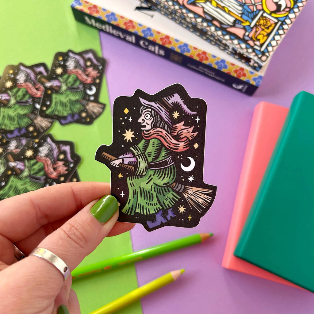 A Witch on a Broomstick Vinyl Sticker by Stacey McEvoy Caunt for sale at Mostyn