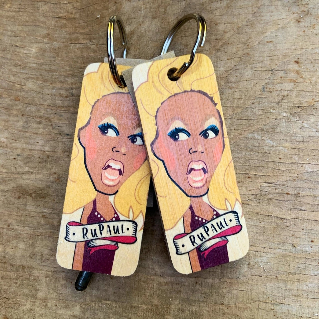 Wooden RuPaul Keyring by Wotmalike for sale at Mostyn