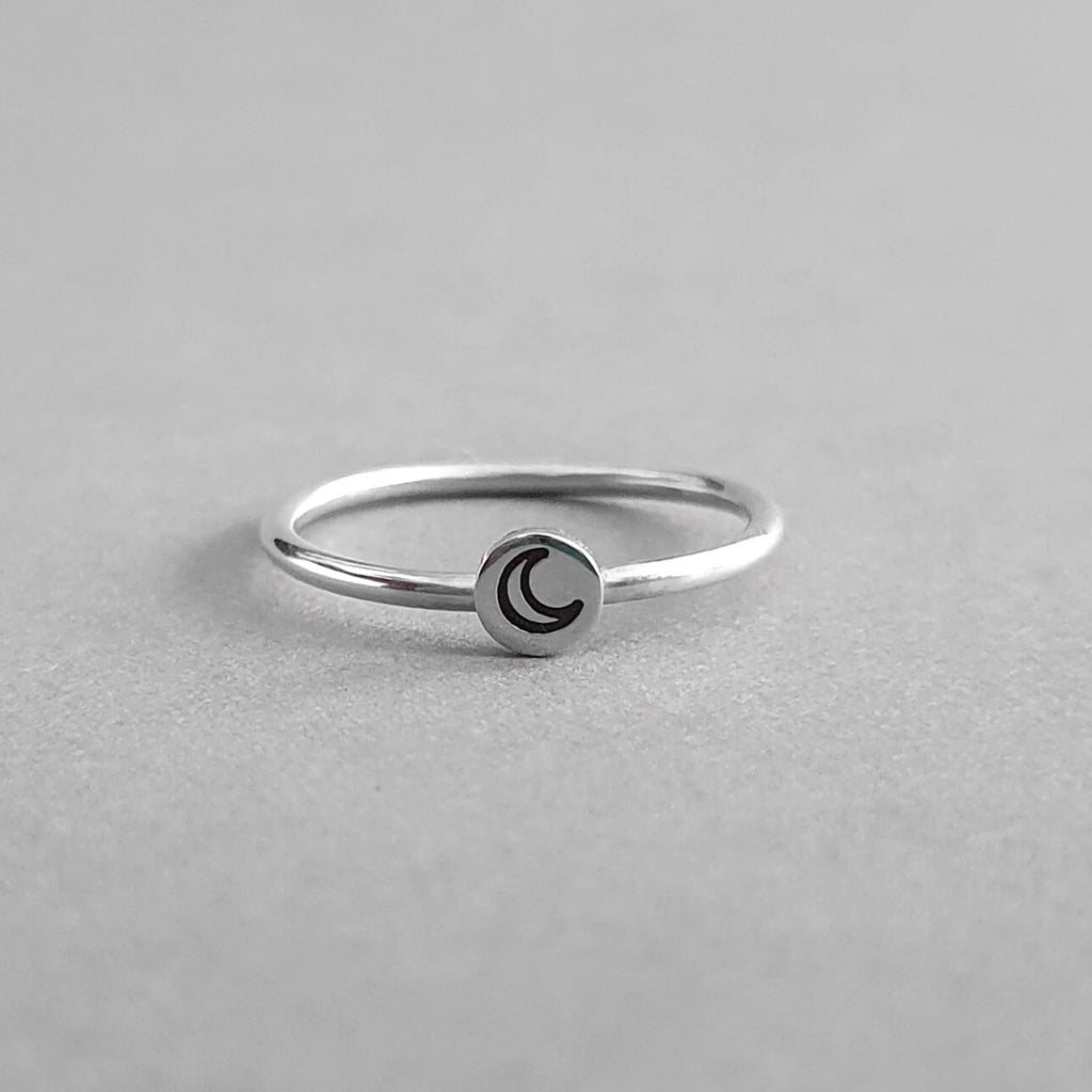 A Handcrafted Stamped Crescent Moon Eco-Silver Stacking Ring from Jewellery by Jackie for sale at Mostyn.