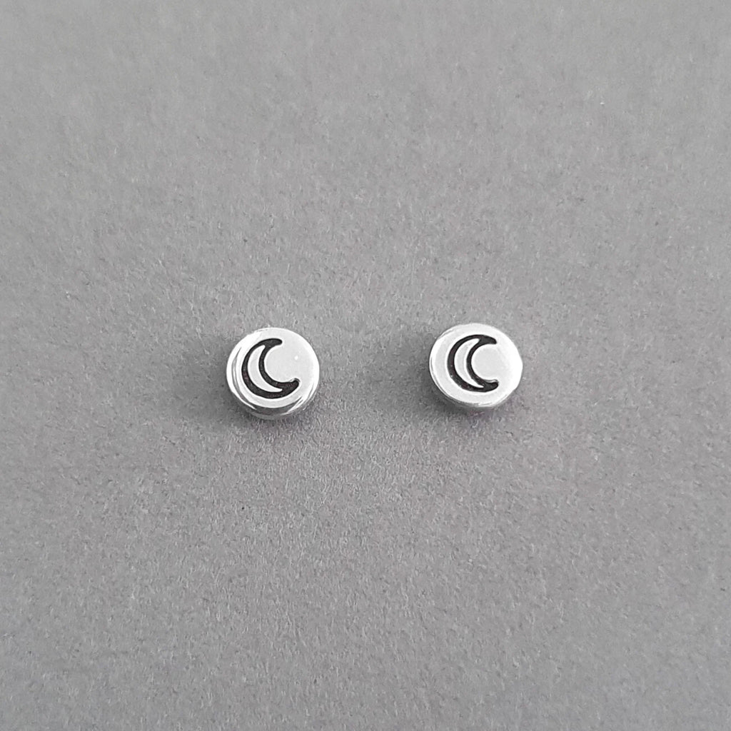 A Handcrafted Crescent Moon Stamped Stud Silver Earrings from Jewellery by Jackie for sale at Mostyn.