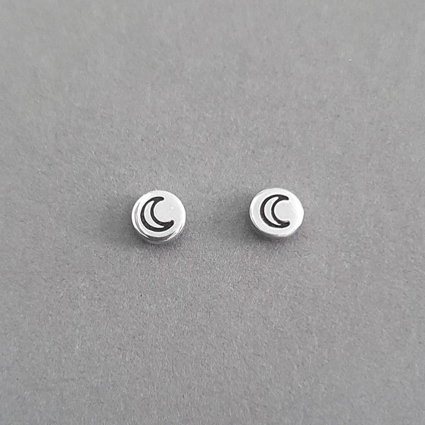 A Handcrafted Crescent Moon Stamped Stud Silver Earrings from Jewellery by Jackie for sale at Mostyn.