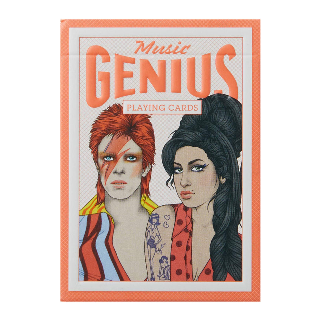 Music Genius Playing Card Box Cover. Bright orange border, with illustration of David Bowie and Amy Winehouse