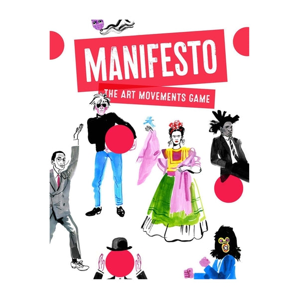 Manifesto The Art Movements Game box cover - Illustrations of Dali, Warhol, Frida, magritte, Gorilla Girls, Basquiat