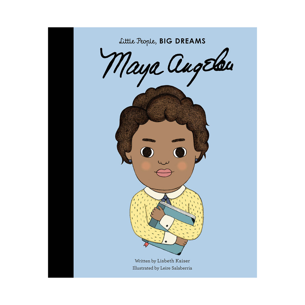 Cover for 'Little People Big Dreams Maya Angelou'. Pale blue background with an illustration of Maya Angelou clutching a book
