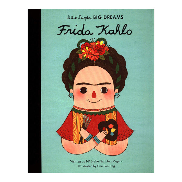 Little People Big Dreams Frida Kahlo book cover - Cartoon illustration of Frida holding paintbrushes and paint palette on a teal coloured background