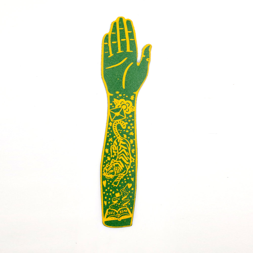 Green tattooed Arm Leather Bookmark - ARK Colour Design