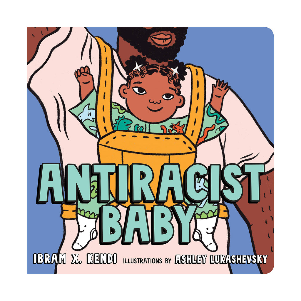 Antiracist Baby book - cartoon of a black father carrying his baby in a harness. 
