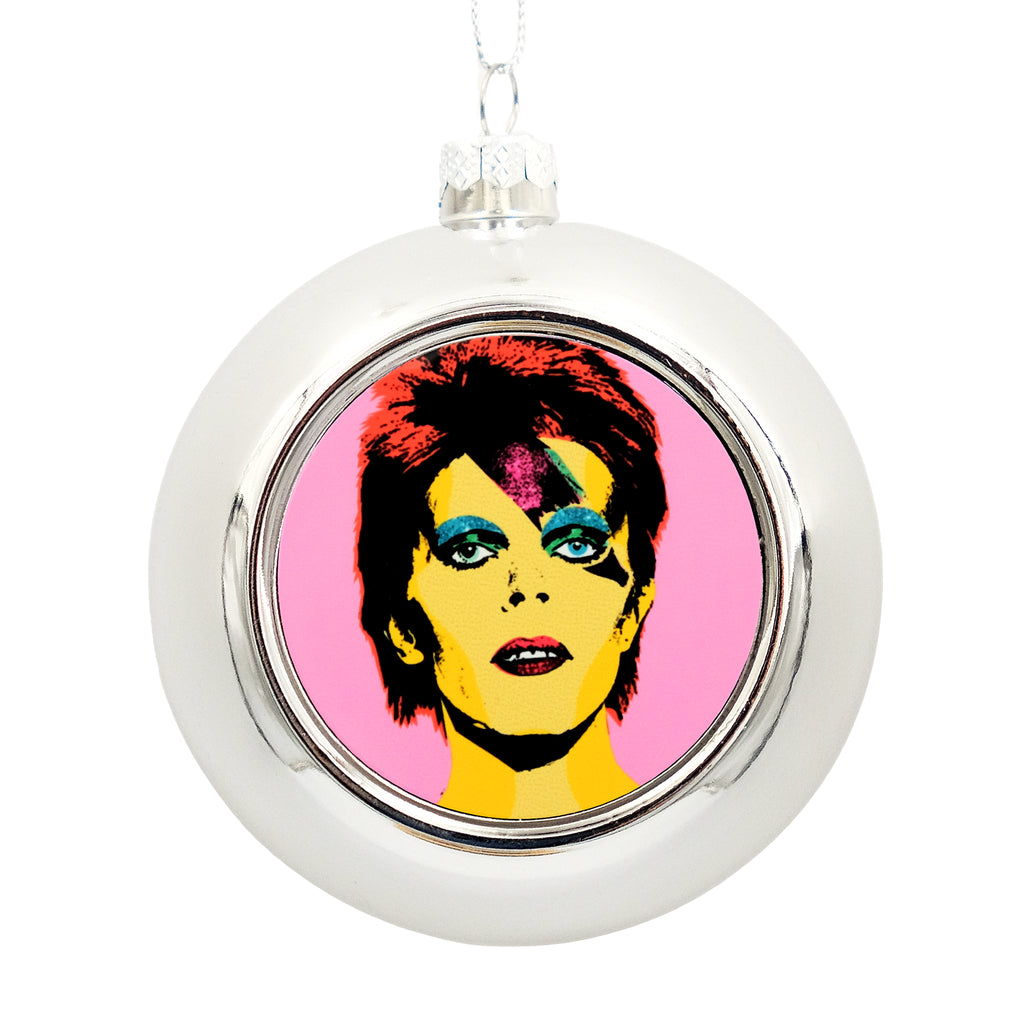 Metallic Silver bauble with a printed disc on the front. The disc shows an illustration of David Bowie.