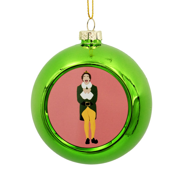 Metallic green bauble with a printed disc on the front showing an illustration of Buddy the Elf.