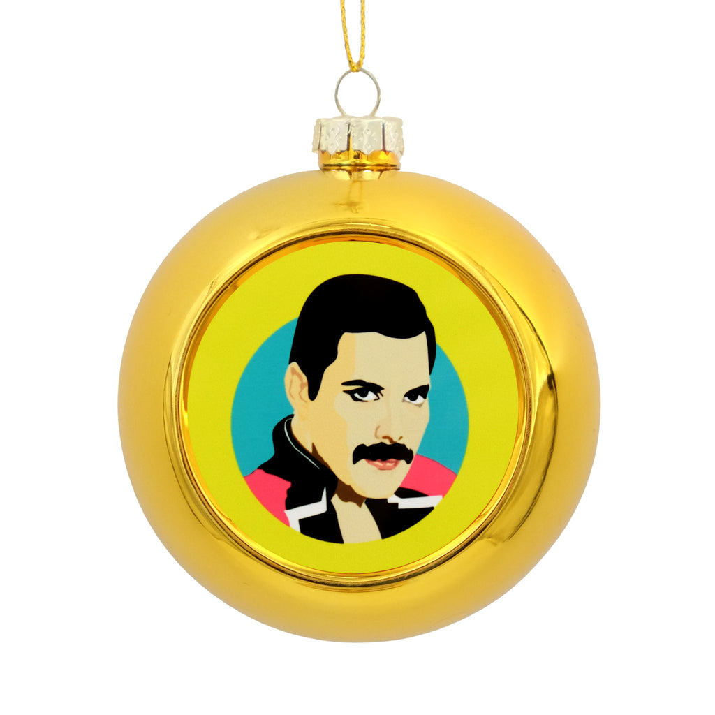 Metallic gold bauble with a printed disc on the front showing an illustration of Freddie Mercury. 