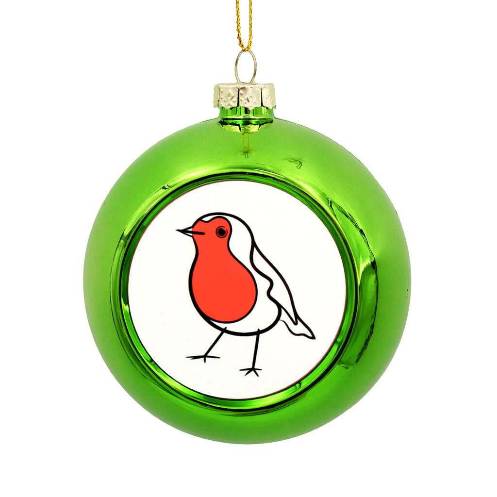 Metallic green bauble with a printed disc on the front. The illustration on the disc is a minimal robin illustration.