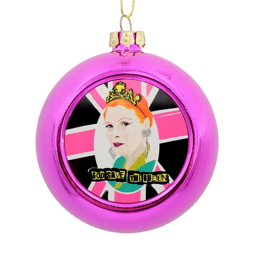 Metallic Pink bauble with a printed disc on the front. The disc has an illustration of Vivienne Westwood and the text 'God the save the Queen'.
