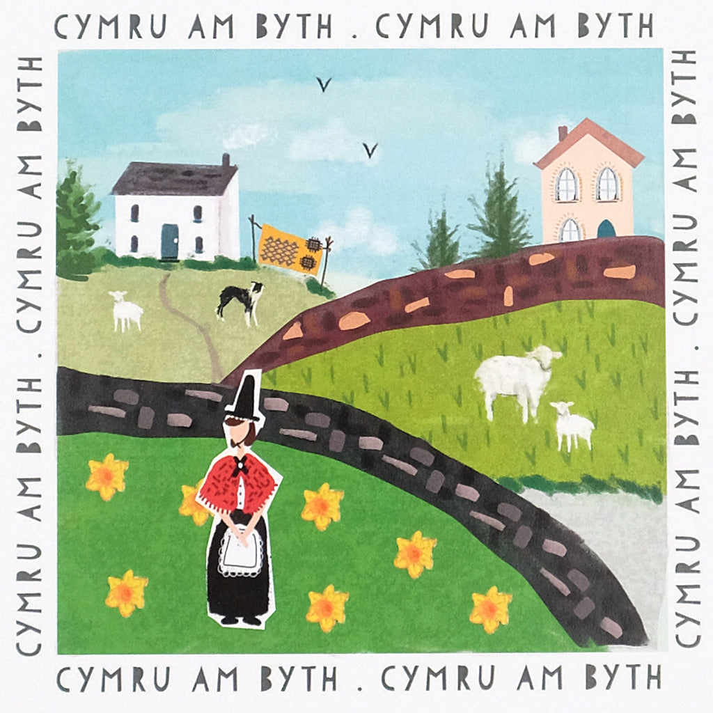 Digital print (Detail).  Village scene with Welsh Lady. Cymru Am Byth text around main image. 