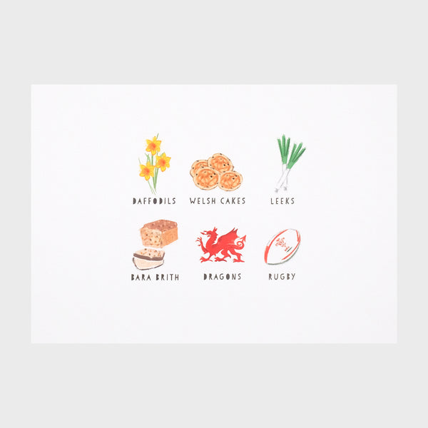 Digital print. Illustration. Daffodils, welsh cakes, leeks, bara brith, dragon and rugby on white background.