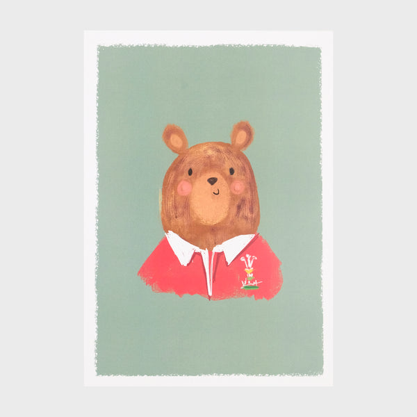 Digital print.  Green background with illustration of a bear wearing a welsh rugby shirt.
