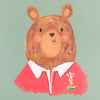Digital print (detail).  Green background with illustration of a bear wearing a welsh rugby shirt.