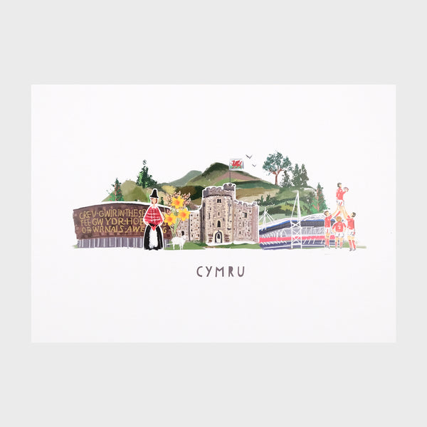 Digital print.  Welsh scene with welsh lady, rugby players, daffodils, mountains, castle and stadium with Cymru text.