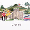 Digital print (detail).  Welsh scene with welsh lady, rugby players, daffodils, mountains, castle and stadium with Cymru text.