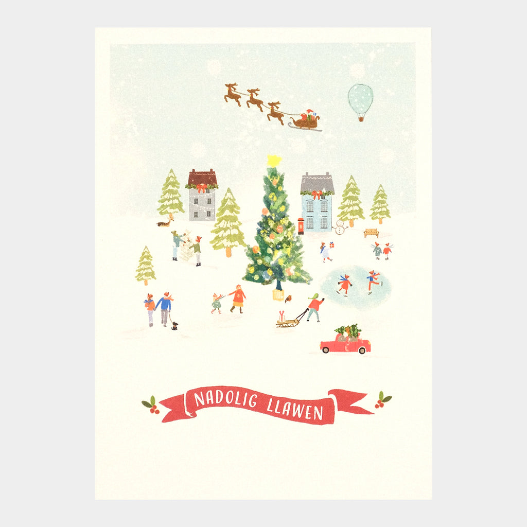 Watercolour and digital illustration on shimmering Pearlescent background. Christmas scene with a Christmas tree, people walking dogs, ice skating and Santa flying in his sleigh in the sky