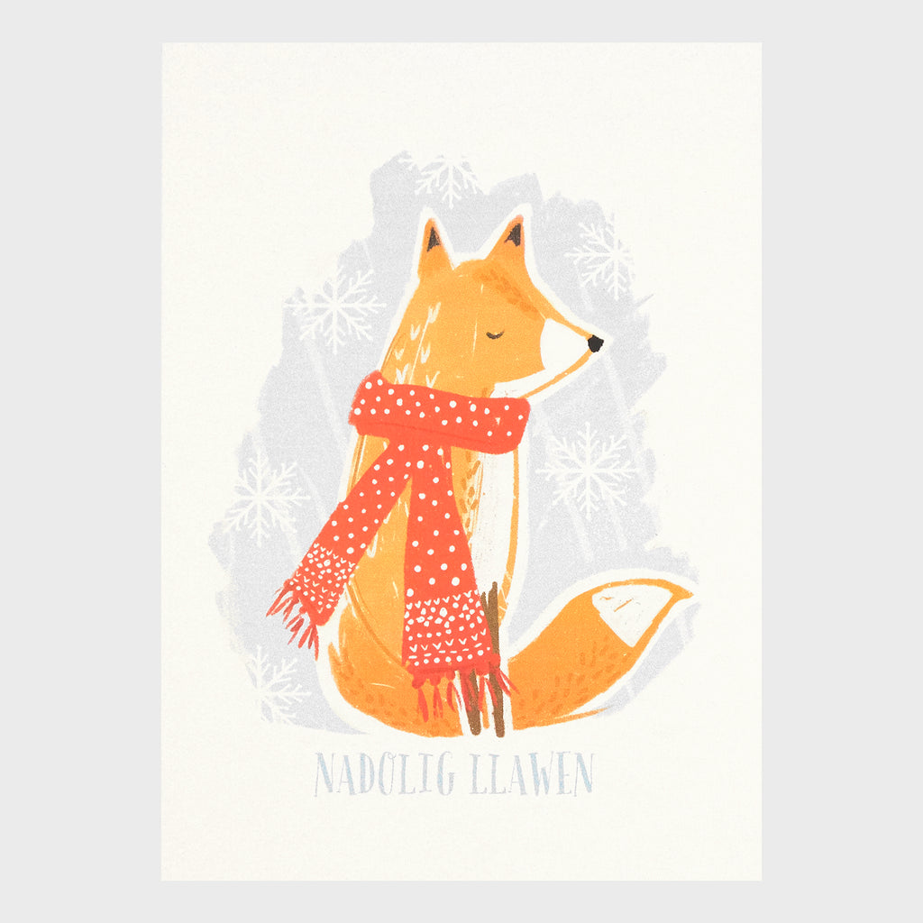 Watercolour and digital illustration on shimmering Pearlescent background. Ginger fix wearing a red and white festive style scarf with snowflakes falling behind. 
