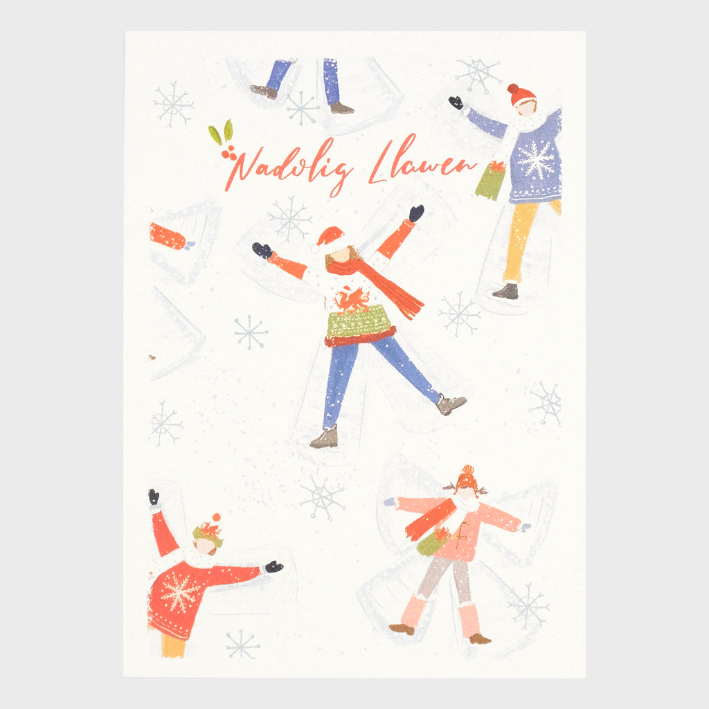 Watercolour and digital illustration on shimmering Pearlescent background.  White background with snowflakes. People lying on the snow covered ground making snow angels whilst wearing festive jumpers, hats and scarves - some scarves have the Welsh flag on them. The centre jumper also has the Welsh flag as its pattern.