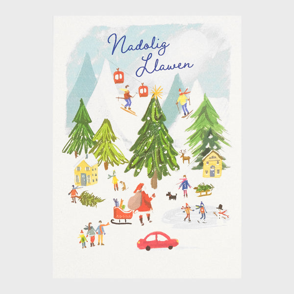 Watercolour and digital illustration on shimmering Pearlescent background.  Snowcapped mountains in the background with ski lifts between them. Large Christmas trees with people on skating on a frozen pond. Santa and his sleigh and a red car.