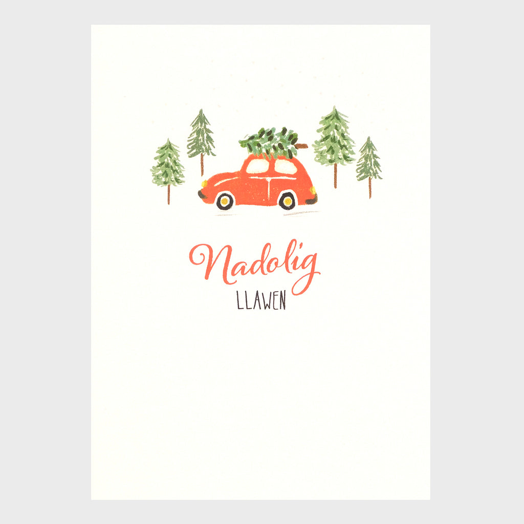 Watercolour and digital illustration on shimmering Pearlescent background. White background with snow falling. A red car with a Christmas tree on top is driving past a row of Christmas Trees