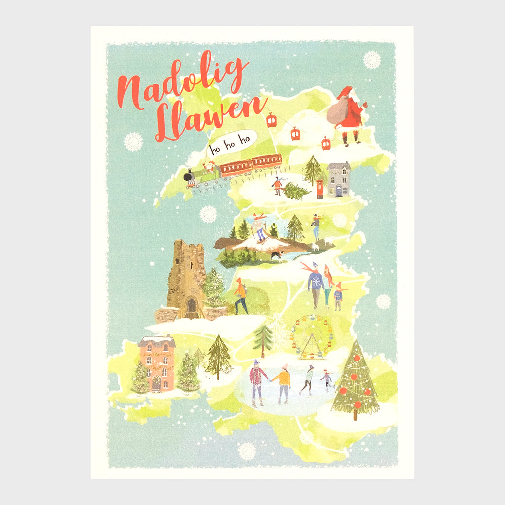 Watercolour and digital illustration on shimmering Pearlescent background.  Illustration of a map of wales with various landmarks covered in snow, with santa and a christmas tree. 'Nadolig Llawen' is written in red cursive font over Ynys Mon