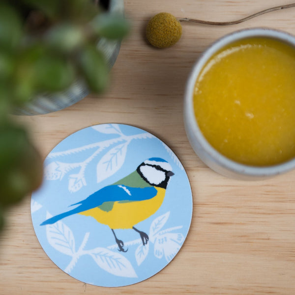 Blue printed graphic coaster with blue tit motif