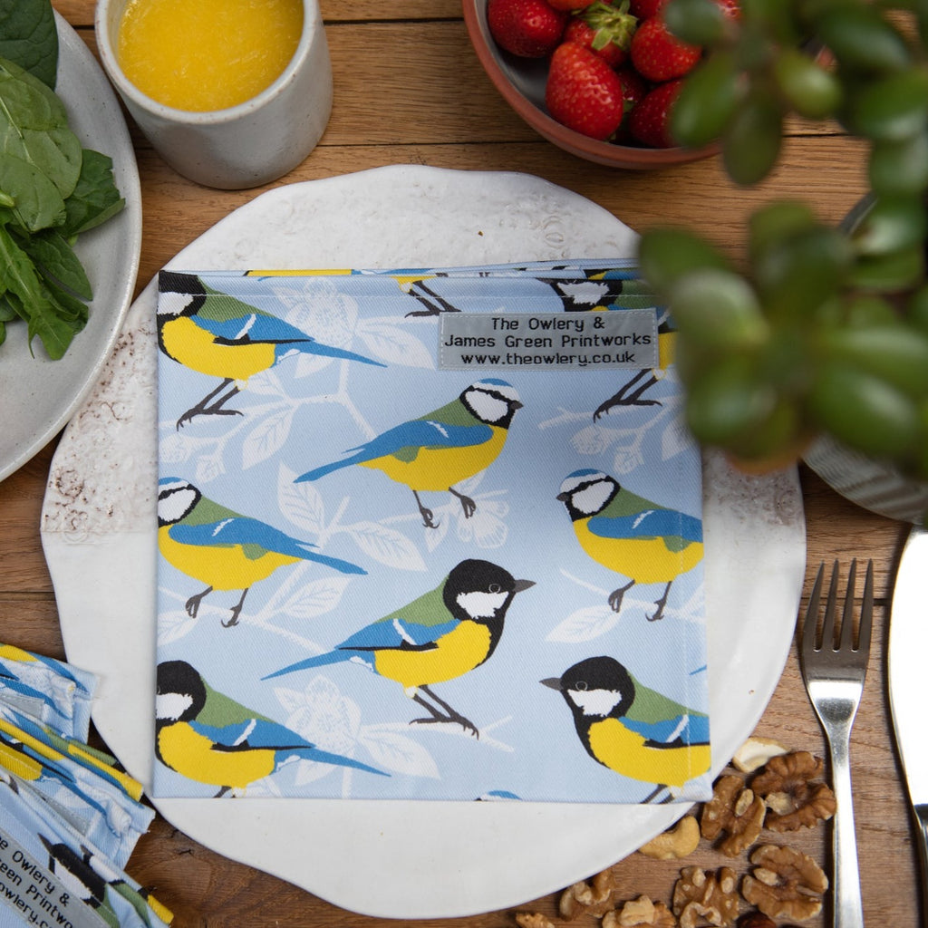 2 x Blue printed fabric napkins with blue tit and great tit motif.