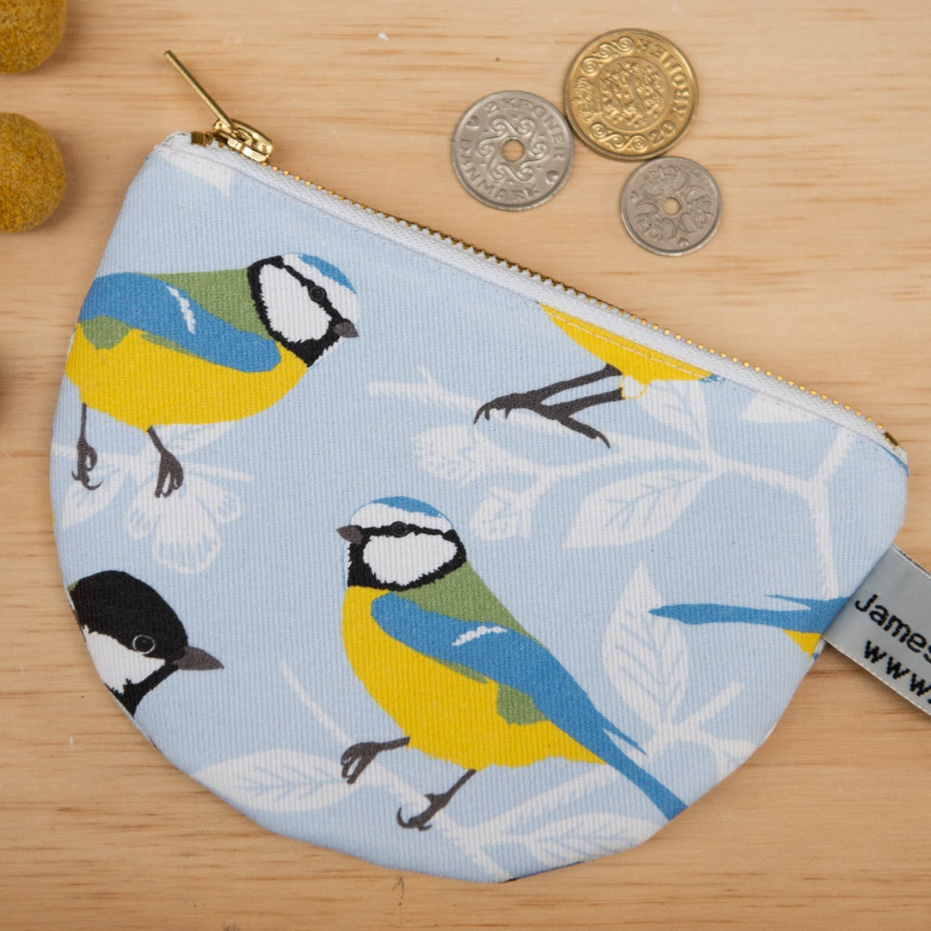 Blue printed fabric purse with blue tit motif.