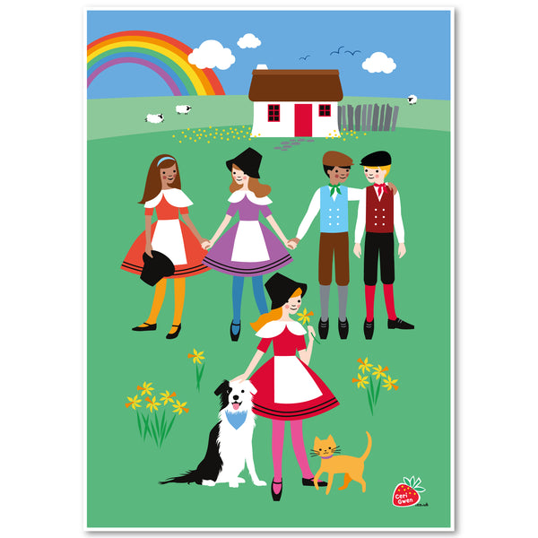 Ffrindiau A4 unframed Giclee print from Ceri Gwen - Children in welsh costume with thier sheepdog and sheep in front of their cottage. Daffodils are flowering and there is a rainbow in the sky.