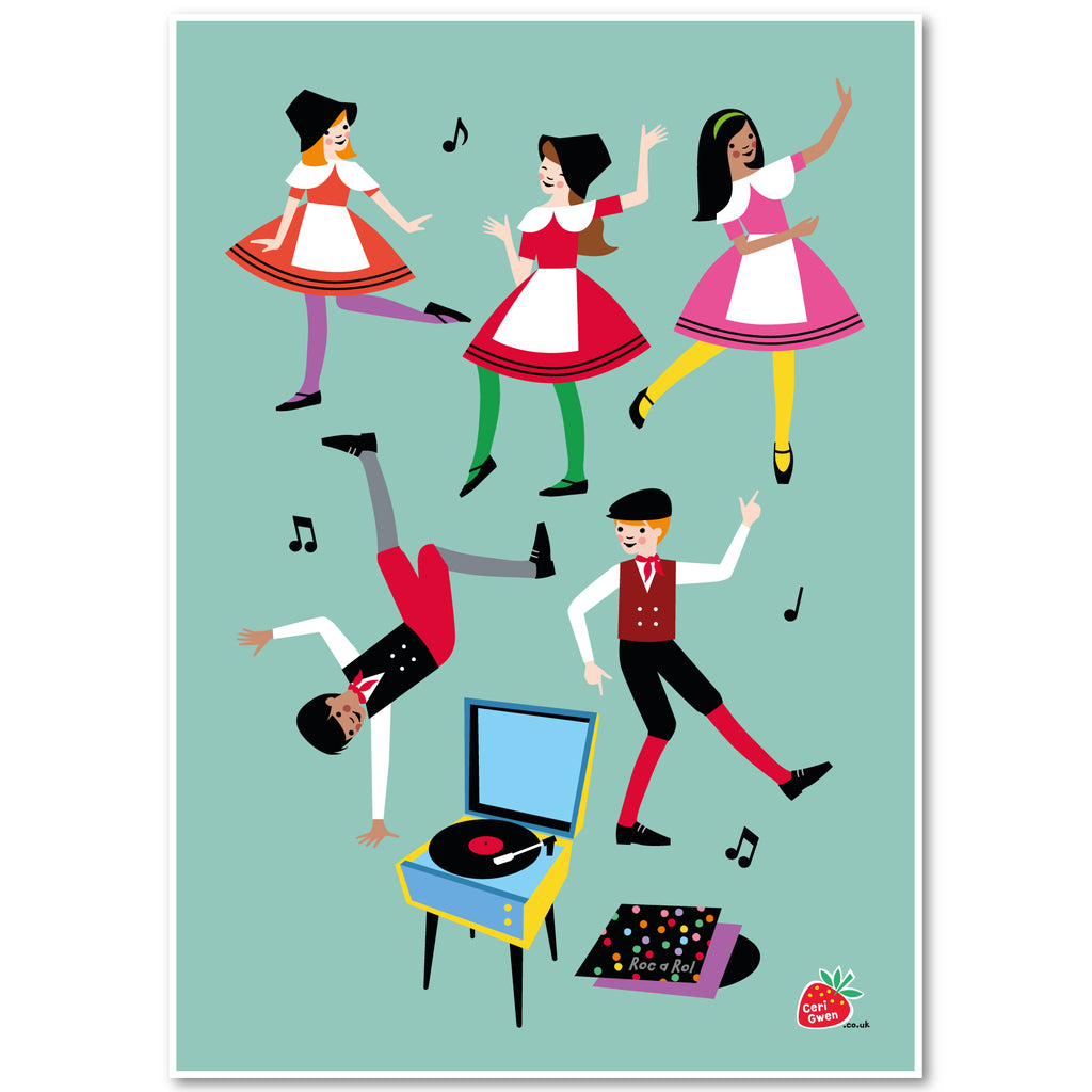 Roc a Rol - Giclee Print A4 sized. Welsh children listening to records and dancing - by ceri gwen