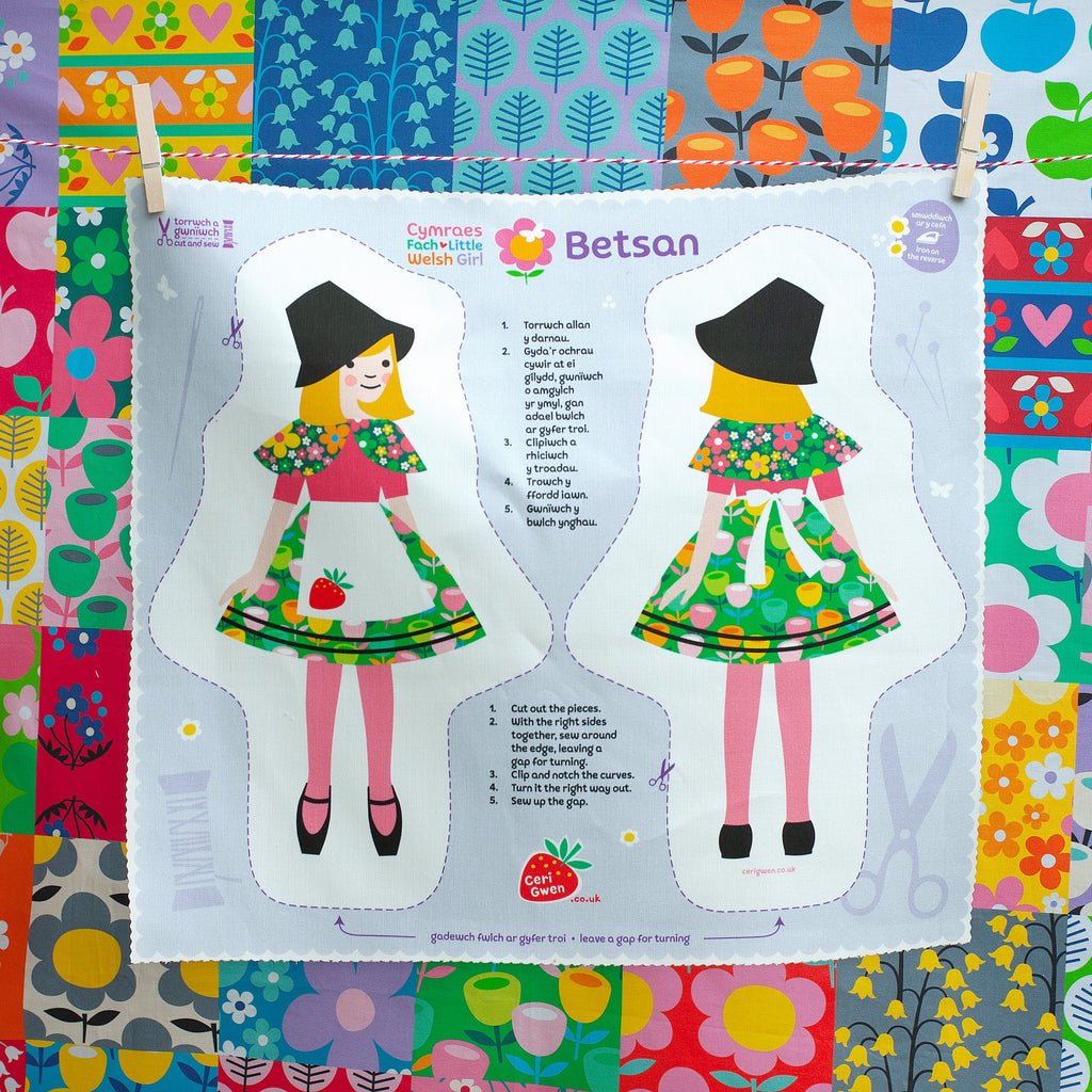 Betsan - girl in traditional welsh costume, cut and sew fabric panel - made by Ceri Gwen
