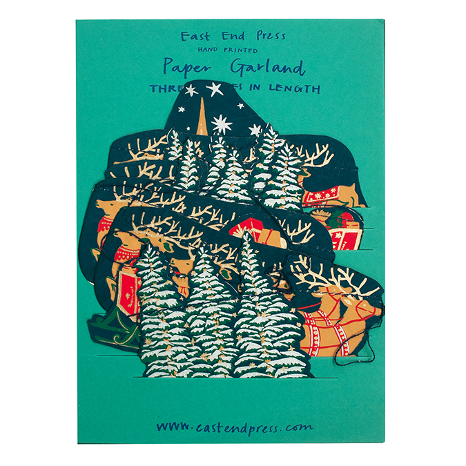 Made in Glasgow by East End Press, this hand printed paper garland features ten screen printed paper sections each showing an element of a festive scene.