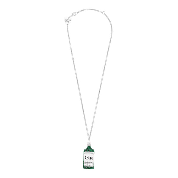 Necklace. Dark green glittery laser-cut acrylic gin bottle pendant on silver-tone chain. Made by Tatty Devine