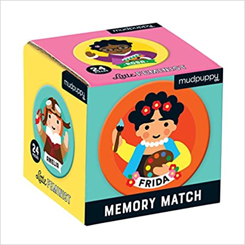Memory Match game cards in a colourful cube box featuring cartoon illustrations of Frida Kahlo, Rosa Parks and amelia earhart