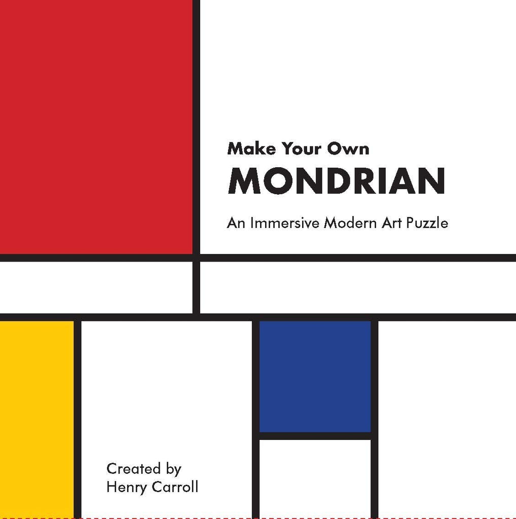 Cover for 'Make your own Mondrian' puzzle box. Bold linear artwork. White background split into squares and rectangles mimicking city grid layouts. One square is red, one is blue and one rectangle is yellow. 