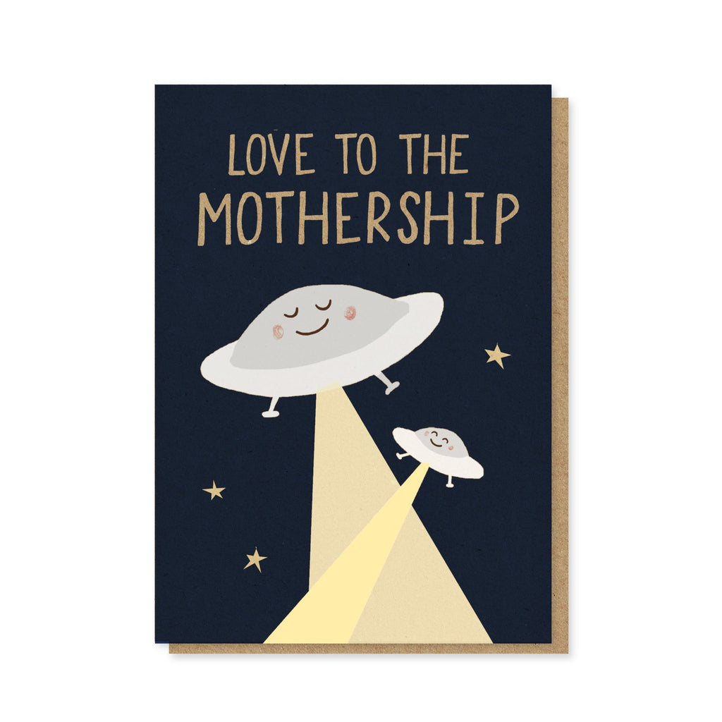 An image of two spaceships; one is bigger than the other. The text reads: Love to the Mothership.