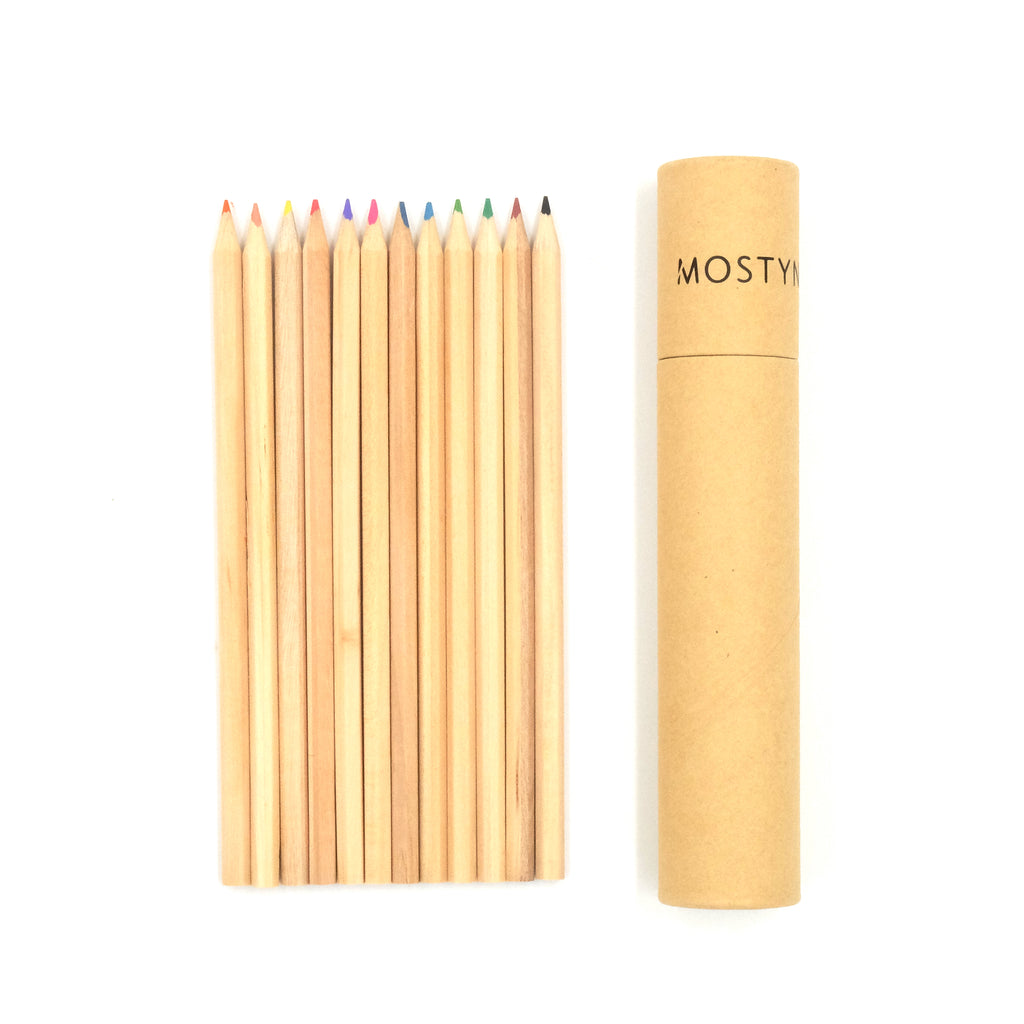 Twelve colouring pencils, light wood colour and kraft cardboard tube for storage