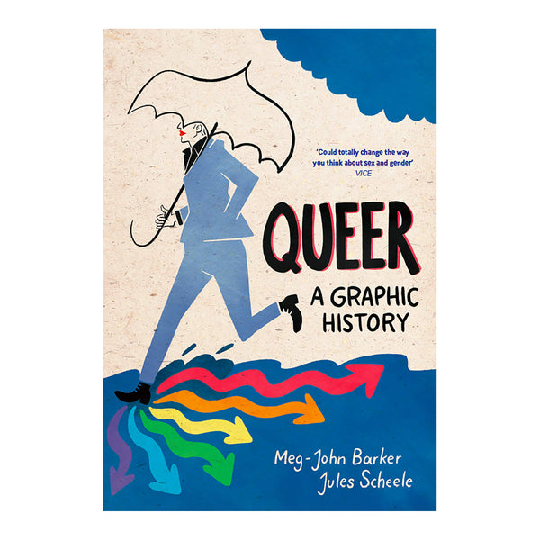 Cover for 'Queer A Graphic History'. Beige background with a navy coloured cloud over a person wearing a navy suit and bright red lipstick, walking holding an umbrella over their head. from their foot steps coloured arrows in the 6 colour pride flag colour way are radiating. The title is in bold black handwritten style font. 