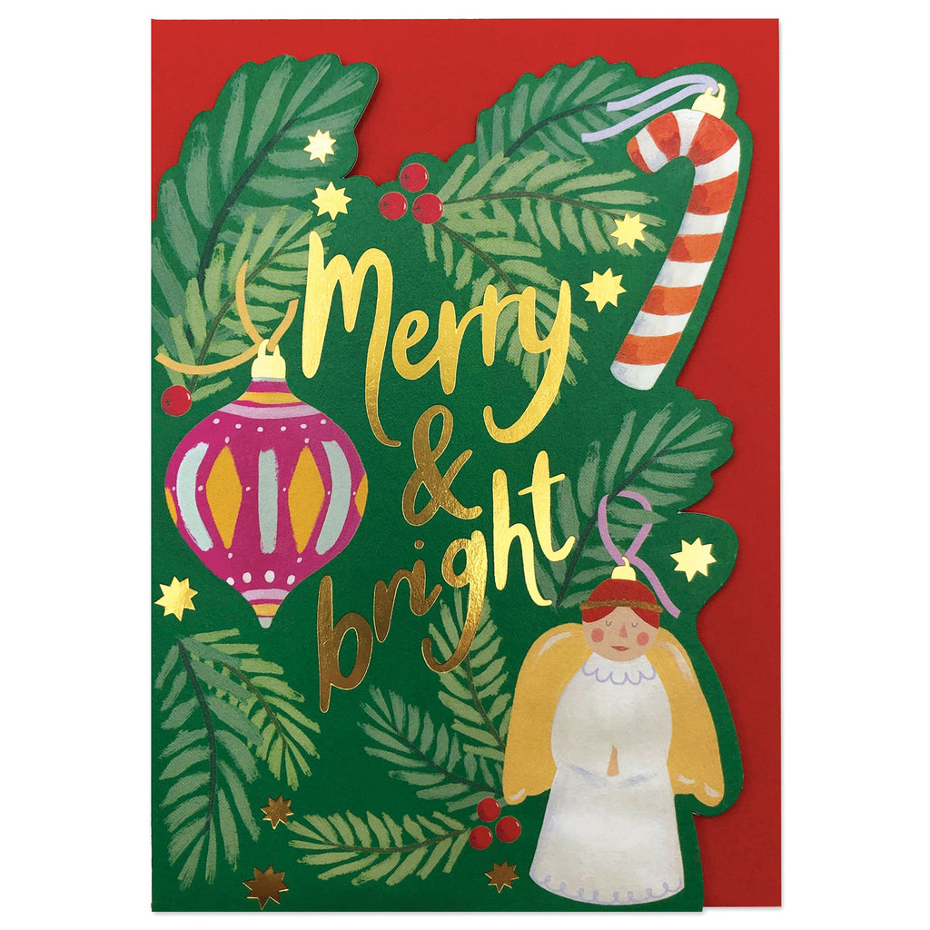 The card is die cut and embossed with gold foil detailing. The card shows an illustration of  a section of Christmas tree branches with 'Merry & Bright' written in the centre in gold foil. There are gold stars, a candy cane decoration, angel and bauble decorations. 