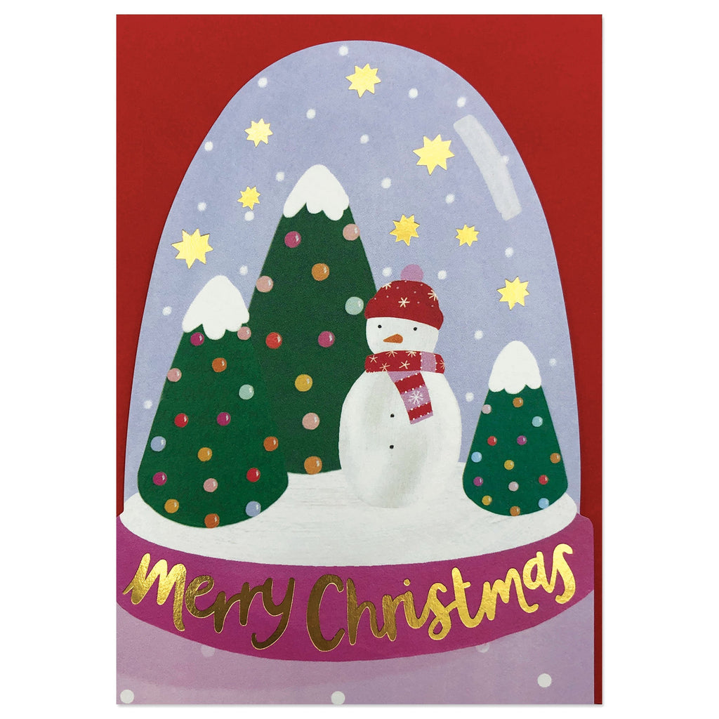Die cut and embossed Christmas card. Shows an illustration of a snow globe in bright colours, with a snowman and christmas tree inside with gold stars and snow falling. Merry Christmas is written on the base in gold foil lettering.