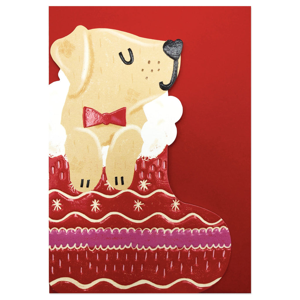 shaped die-cut Christmas card featuring an illustration of a dog wearing a red bowtie sat inside a festive knitted pink and red stocking with a fluffy white trim.