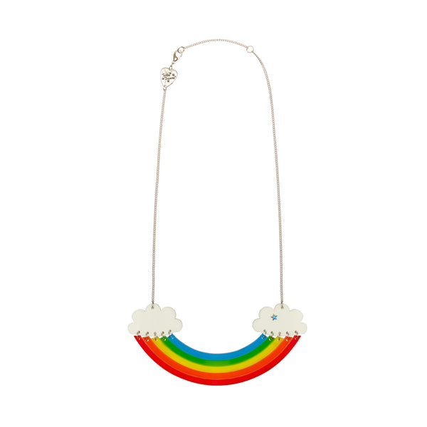 Laser-cut acrylic rainbow made of individual strands, hand linked with jumprings to white clouds, and finished an mirrored sparkle. Silver-tone chain and made by Tatty Devine
