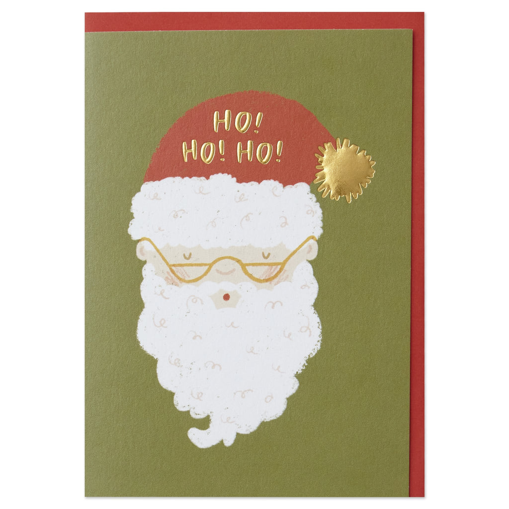 Christmas card showing an illustration of Santa's face on a green background. Santa's glasses and bobble on his hat are gold foiled. The words 'Ho! Ho! Ho!' are written on his hat in gold foil too. 