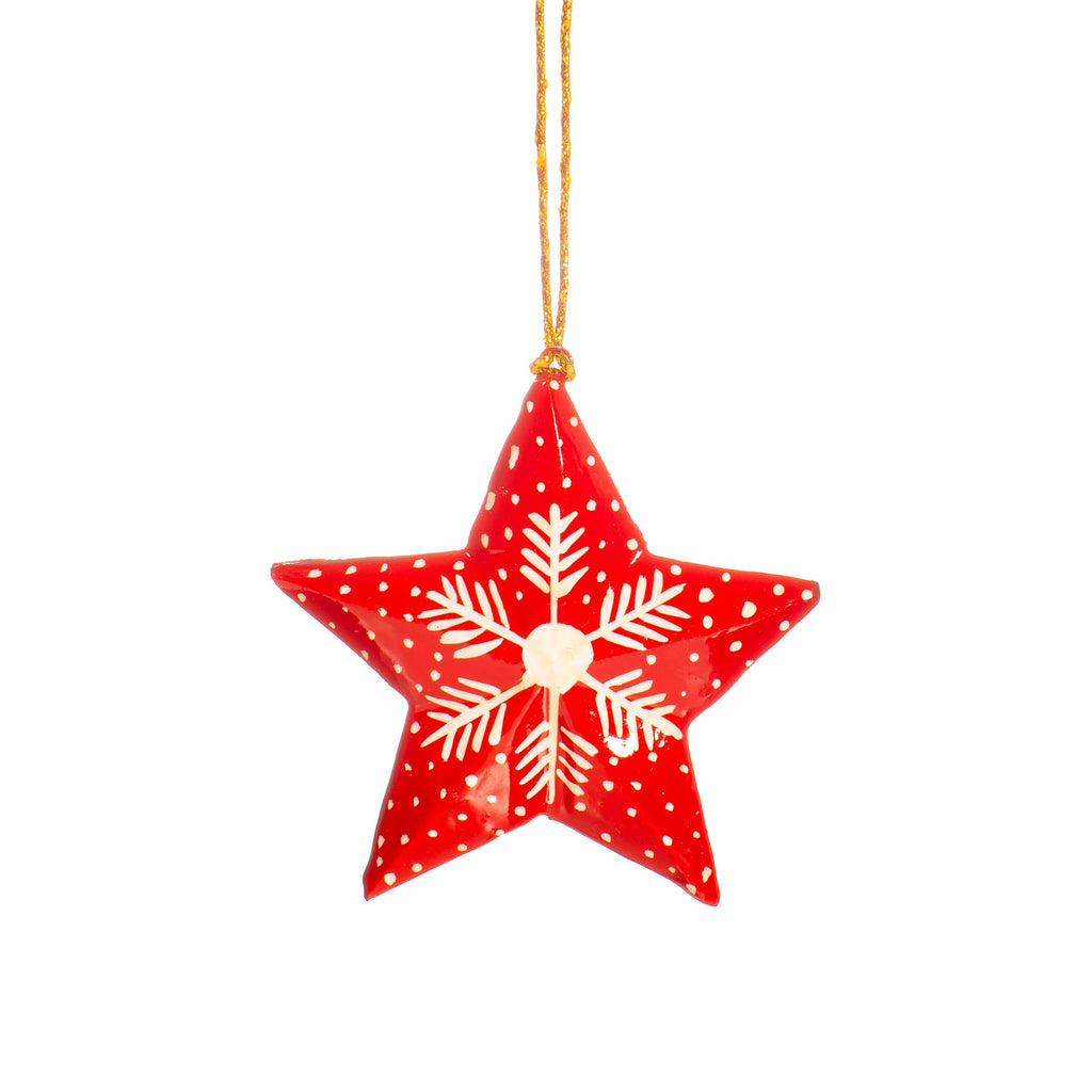 Made using papier mache this star shaped decoration is painted bright red and features a painted snowflake design and hangs from jute string. 